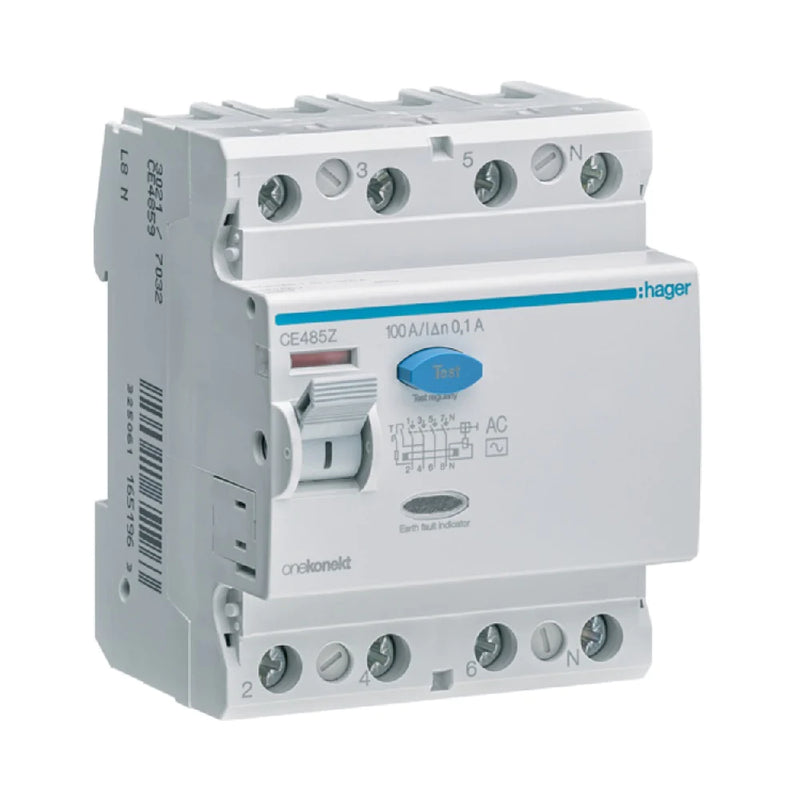 ELCB / RCCB Hager 4-Pole 100A 100mA (CE485Z)